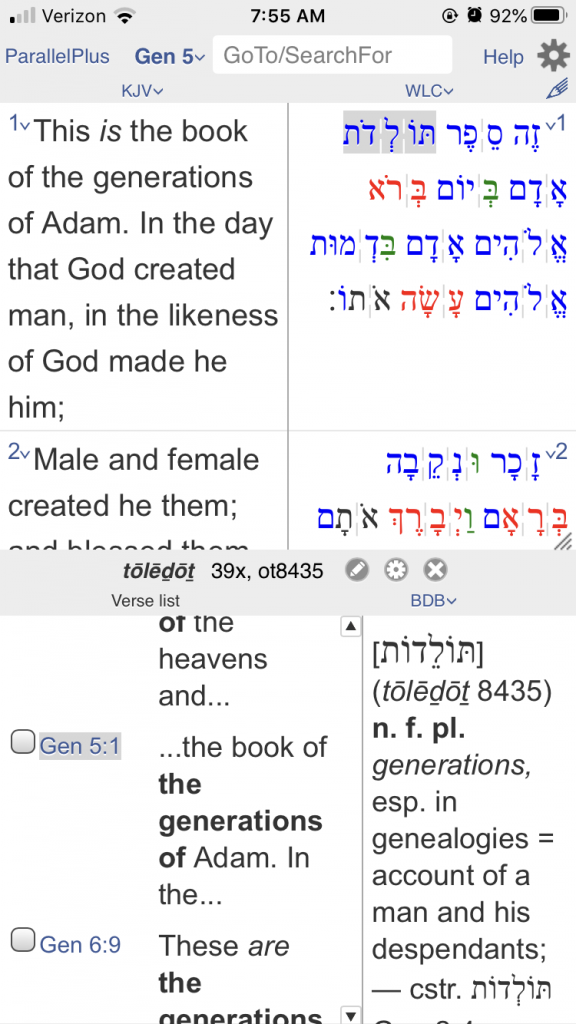 a view of my Parallel Plus app, Genesis 5:1